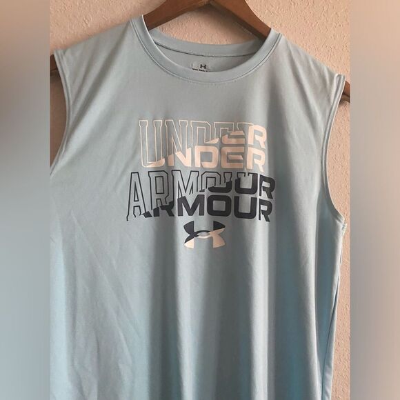 UA Under Armour Boy Light Blue Tank Top Sleeveless Shirt logo Loose Fit YXL XL - Picture 3 of 5
